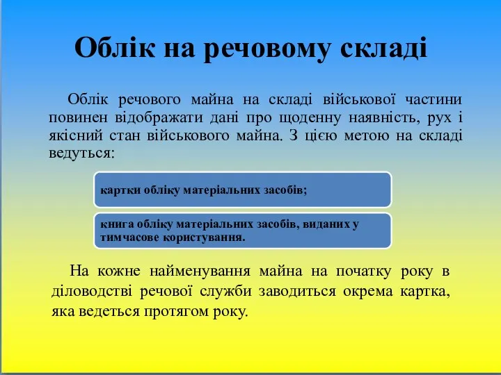 Облік на речовому складі Облік речового майна на складі військової