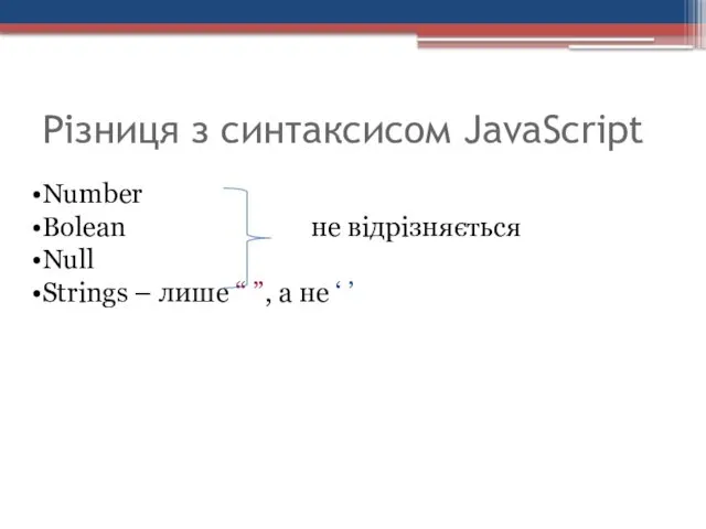 Різниця з синтаксисом JavaScript Number Bolean не відрізняється Null Strings