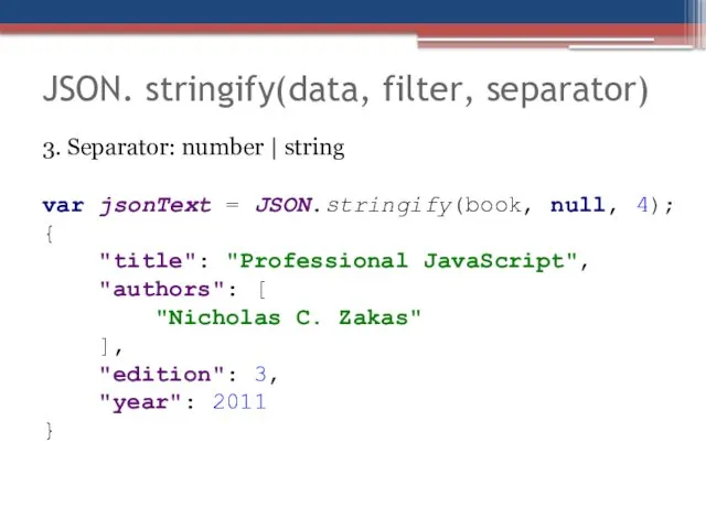 JSON. stringify(data, filter, separator) 3. Separator: number | string var