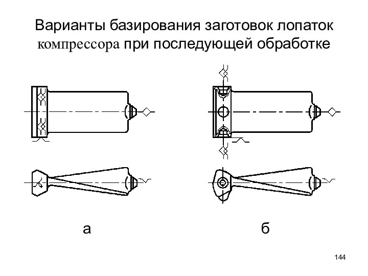 Варианты базирования заготовок лопаток компрессора при последующей обработке a б