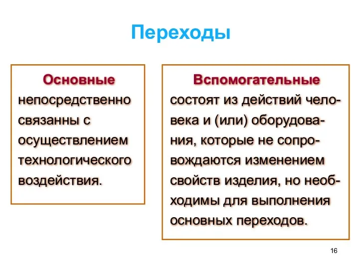 Основные непосредственно связанны с осуществлением технологического воздействия. Переходы Вспомогательные состоят