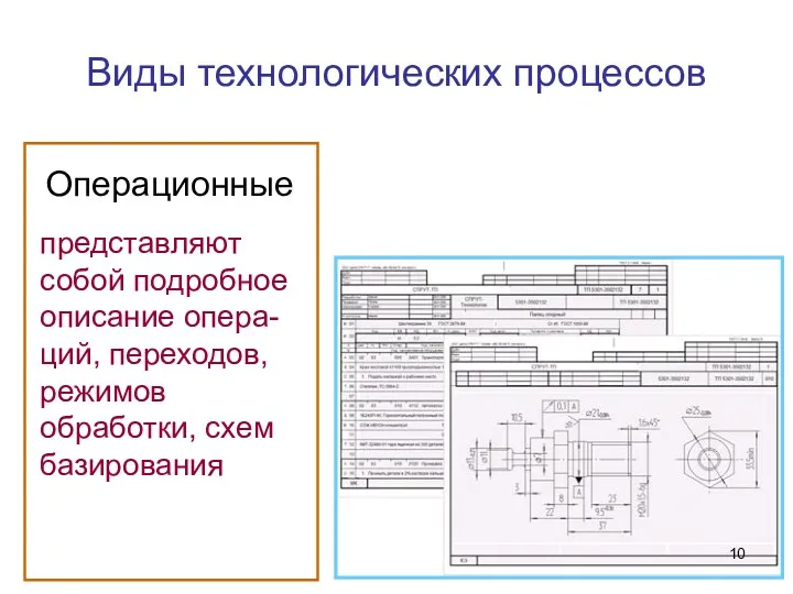 Виды технологических процессов Операционные представляют собой подробное описание опера-ций, переходов, режимов обработки, схем базирования