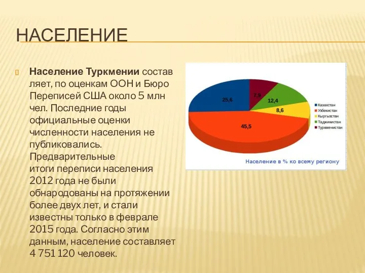 НАСЕЛЕНИЕ Население Туркмении составляет, по оценкам ООН и Бюро Переписей