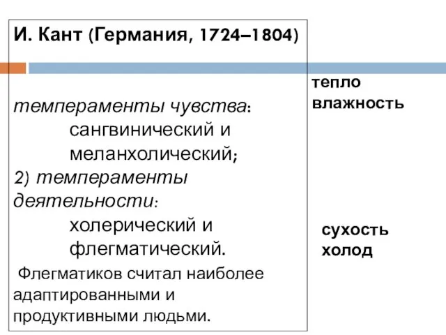 И. Кант (Германия, 1724–1804) темпераменты чувства: сангвинический и меланхолический; 2)