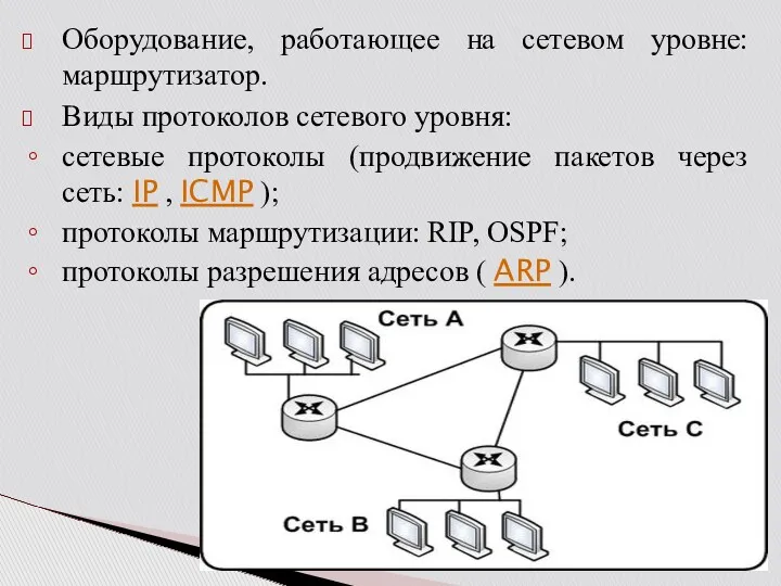 Оборудование, работающее на сетевом уровне: маршрутизатор. Виды протоколов сетевого уровня: