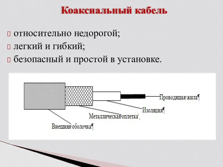 Коаксиальный кабель относительно недорогой; легкий и гибкий; безопасный и простой в установке.