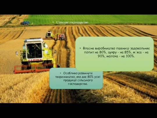 Особливо розвинуте тваринництво, яке дає 80% усієї продукції сільського господарства.