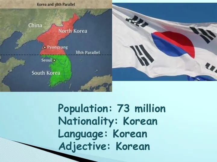 Population: 73 million Nationality: Korean Language: Korean Adjective: Korean