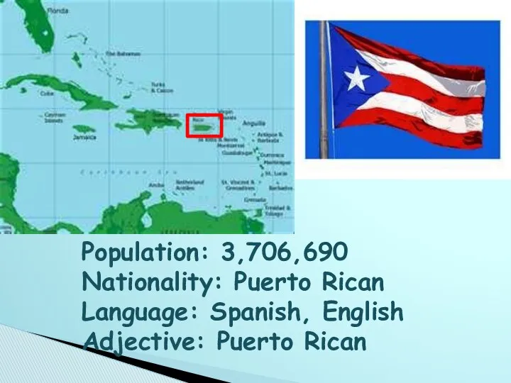 Population: 3,706,690 Nationality: Puerto Rican Language: Spanish, English Adjective: Puerto Rican