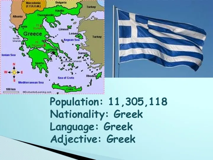 Population: 11,305,118 Nationality: Greek Language: Greek Adjective: Greek