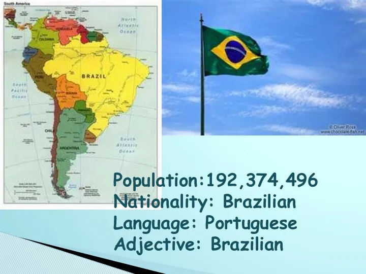 Population:192,374,496 Nationality: Brazilian Language: Portuguese Adjective: Brazilian