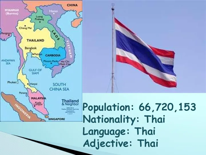 Population: 66,720,153 Nationality: Thai Language: Thai Adjective: Thai