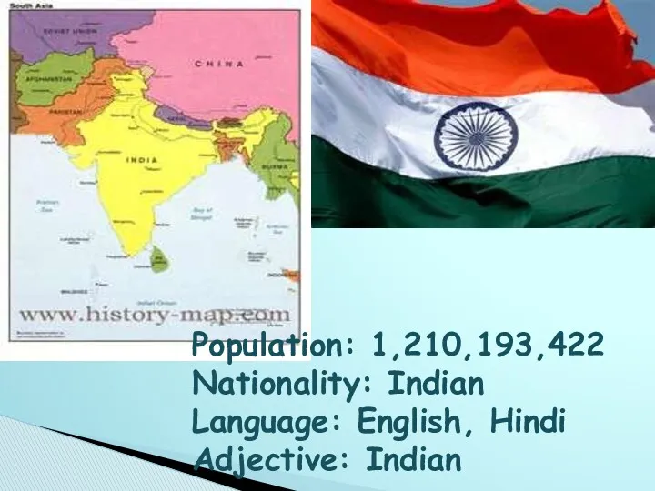 Population: 1,210,193,422 Nationality: Indian Language: English, Hindi Adjective: Indian