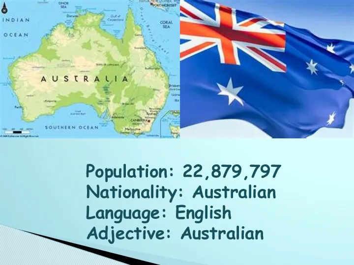 Population: 22,879,797 Nationality: Australian Language: English Adjective: Australian