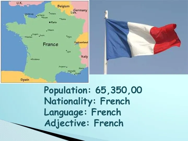 Population: 65,350,00 Nationality: French Language: French Adjective: French