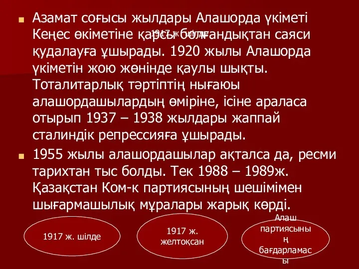 1917 ж. шілде Азамат соғысы жылдары Алашорда үкіметі Кеңес өкіметіне