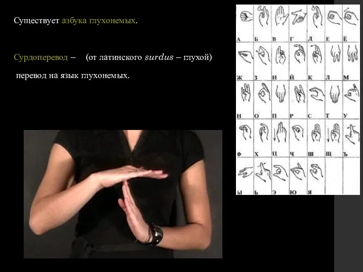 Существует азбука глухонемых. Сурдоперевод – (от латинского surdus – глухой) перевод на язык глухонемых.