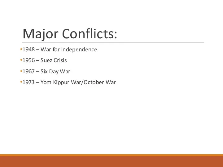 Major Conflicts: 1948 – War for Independence 1956 – Suez