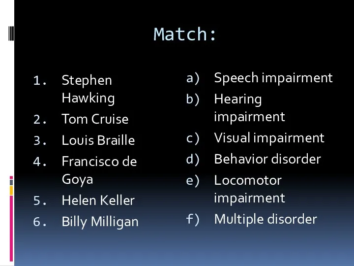 Match: Stephen Hawking Tom Cruise Louis Braille Francisco de Goya Helen Keller Billy