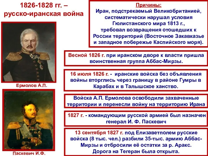 1826-1828 гг. – русско-иранская война Причины: Иран, подстрекаемый Великобританией, систематически