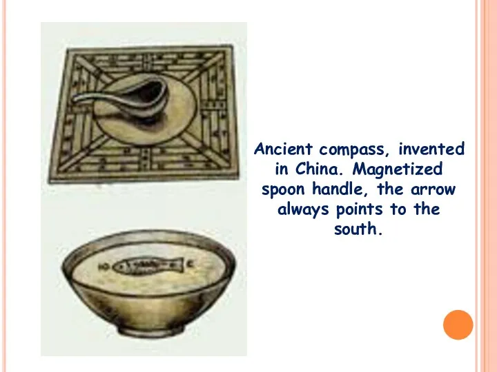 Ancient compass, invented in China. Magnetized spoon handle, the arrow always points to the south.