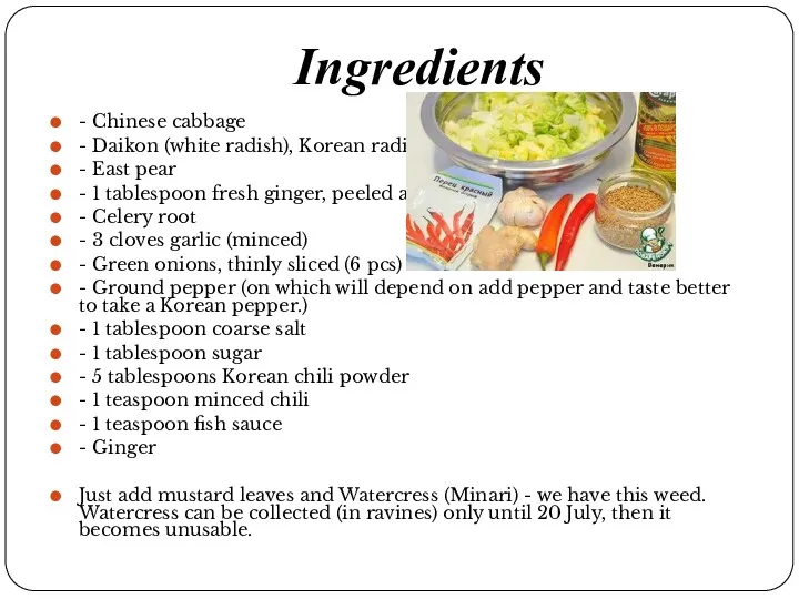 Ingredients - Chinese cabbage - Daikon (white radish), Korean radish