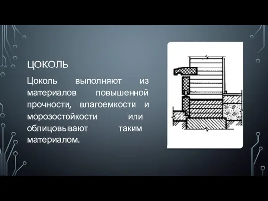 ЦОКОЛЬ Цоколь выполняют из материалов повышенной прочности, влагоемкости и морозостойкости или облицовывают таким материалом.