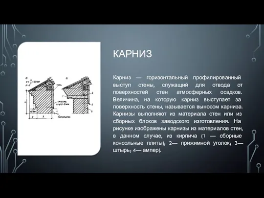 КАРНИЗ Карниз — горизонтальный профилированный выступ стены, служащий для отвода