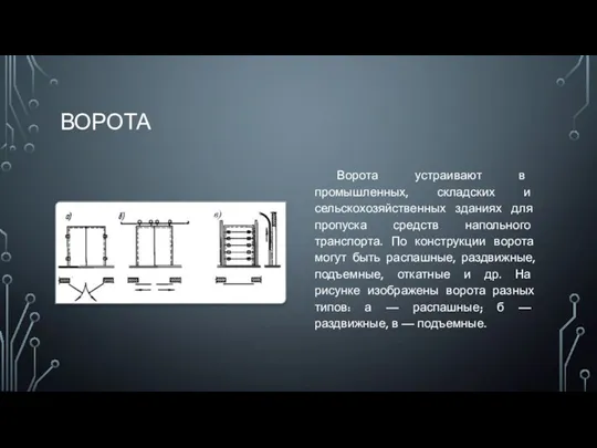 ВОРОТА Ворота устраивают в промышленных, складских и сельскохозяйственных зданиях для