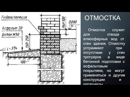 ОТМОСТКА Отмостка служит для отвода атмосферных вод от стен здания.