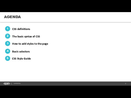 AGENDA CSS definitions 1 The basic syntax of CSS 2