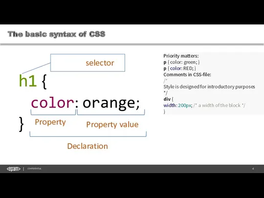 The basic syntax of CSS CONFIDENTIAL selector Priority matters: p