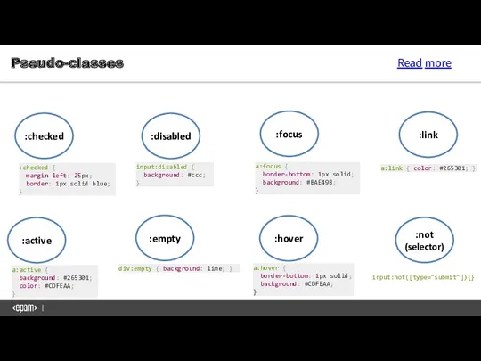 Pseudo-classes :checked :not (selector) :hover :disabled :empty :active :focus :link