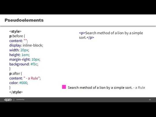 Pseudoelements CONFIDENTIAL p:before { content: ""; display: inline-block; width: 20px;