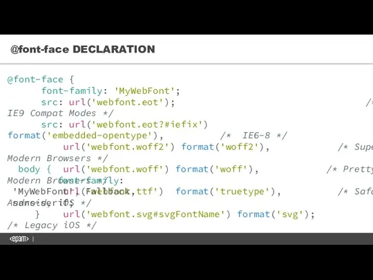 @font-face DECLARATION @font-face { font-family: 'MyWebFont'; src: url('webfont.eot'); /* IE9