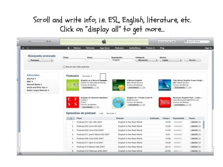 Scroll and write info, i.e. ESL, English, literature, etc. Click