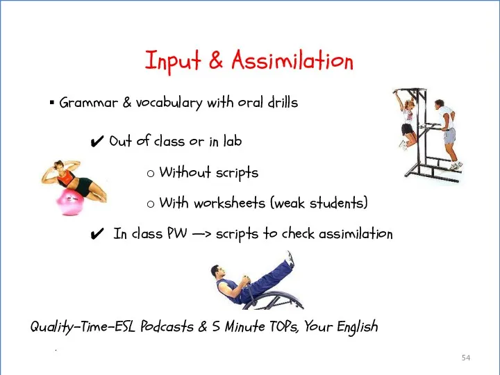 Input & Assimilation Grammar & vocabulary with oral drills Out