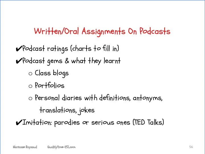 Written/Oral Assignments On Podcasts Podcast ratings (charts to fill in)