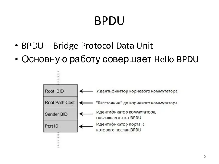 BPDU BPDU – Bridge Protocol Data Unit Основную работу совершает Hello BPDU