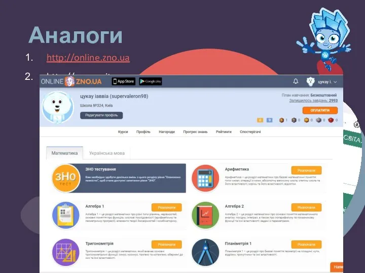 Аналоги http://online.zno.ua http://zno.osvita.ua Your Footer Here