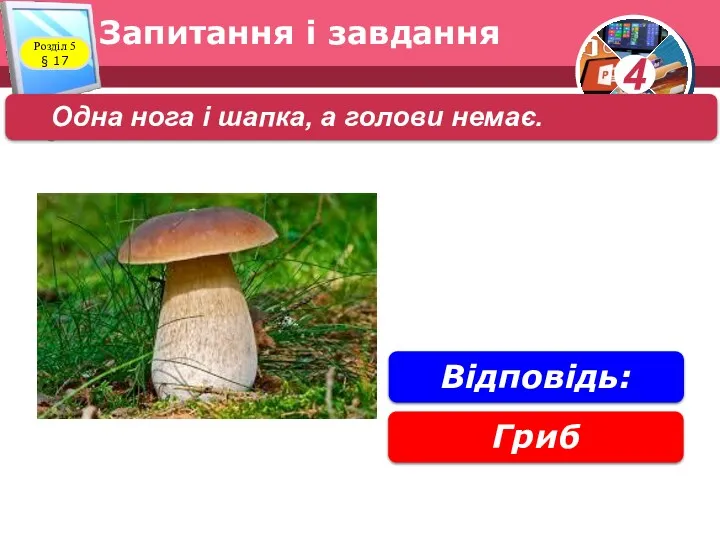 Запитання і завдання Розділ 5 § 17 Одна нога i шапка, а голови немає. Гриб Відповідь: