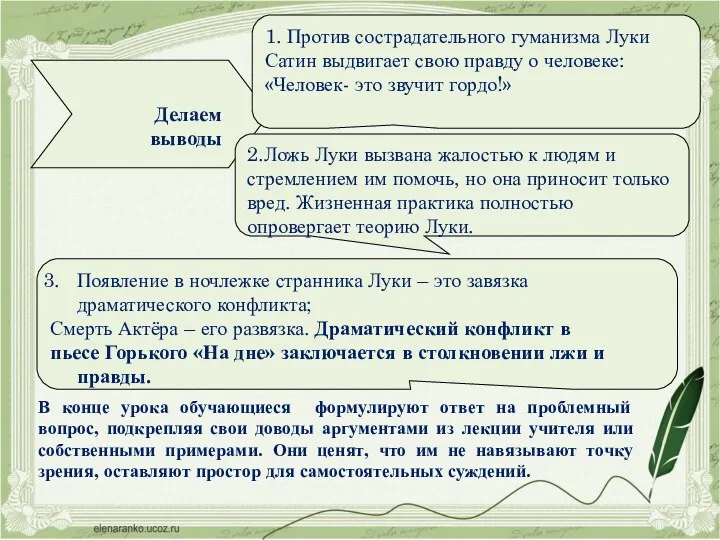 Делаем выводы 1. Против сострадательного гуманизма Луки Сатин выдвигает свою