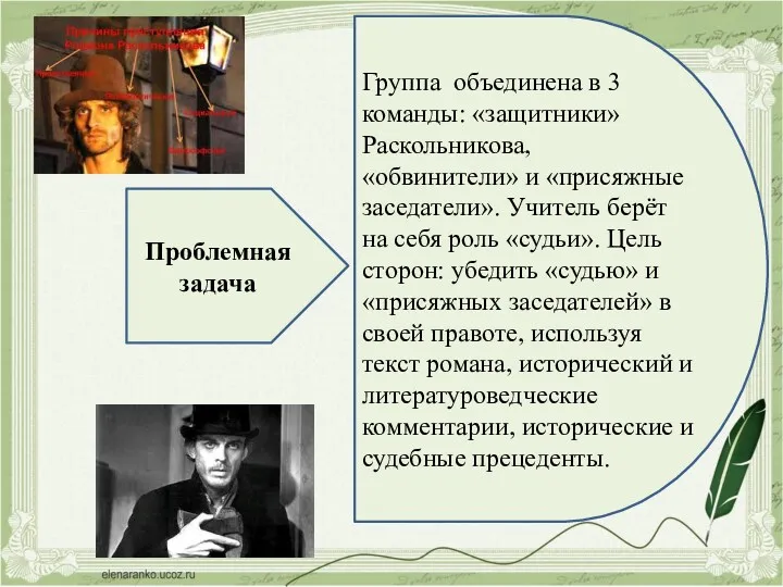 Проблемная задача Группа объединена в 3 команды: «защитники» Раскольникова, «обвинители»