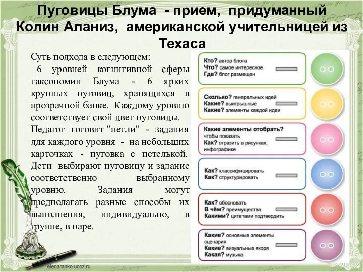 Пуговицы Блума - прием, придуманный Колин Аланиз, американской учительницей из