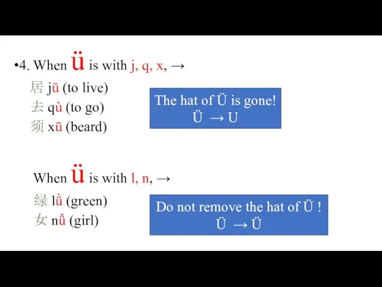 4. When ü is with j, q, x, → 居