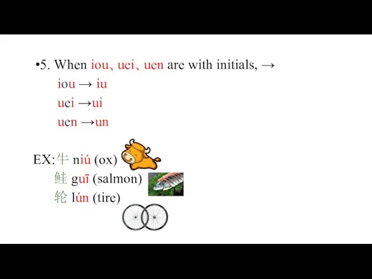 5. When iou、uei、uen are with initials, → iou → iu