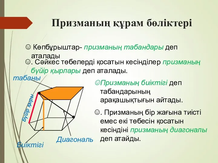 Призманың құрам бөліктері Көпбұрыштар- призманың табандары деп аталады . Сәйкес