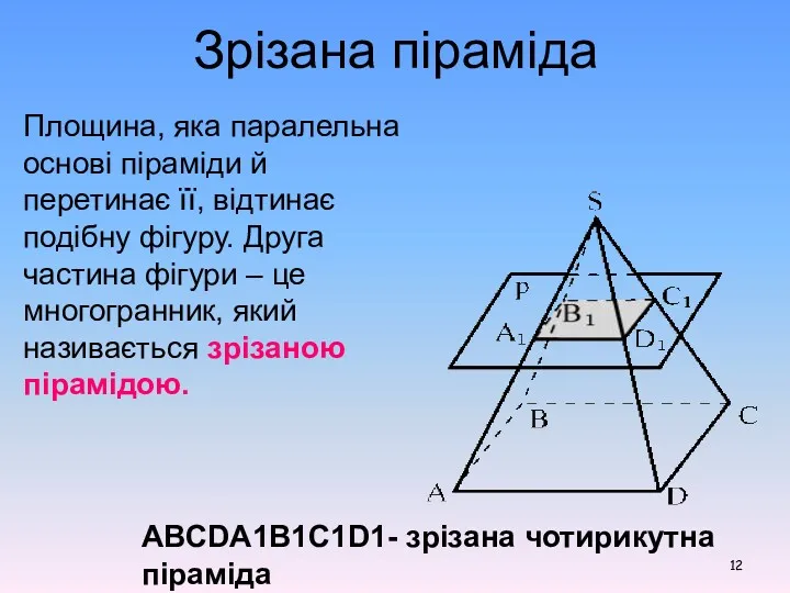 Зрізана піраміда Площина, яка паралельна основі піраміди й перетинає її, відтинає подібну фігуру.