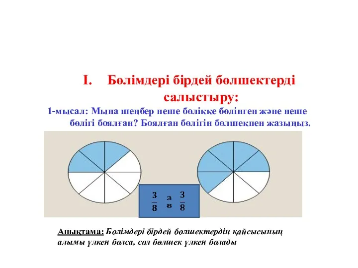 Жаңа сабақ Бөлімдері бірдей бөлшектерді салыстыру: 1-мысал: Мына шеңбер неше