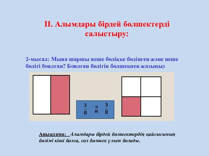 II. Алымдары бірдей бөлшектерді салыстыру: 2-мысал: Мына шаршы неше бөлікке